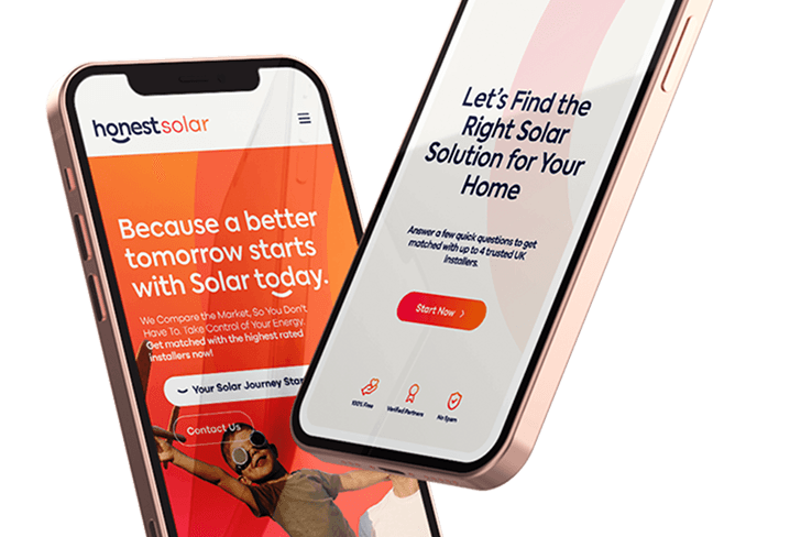 Two iPhone mockups showing different pages of a solar panel supplier comparison site