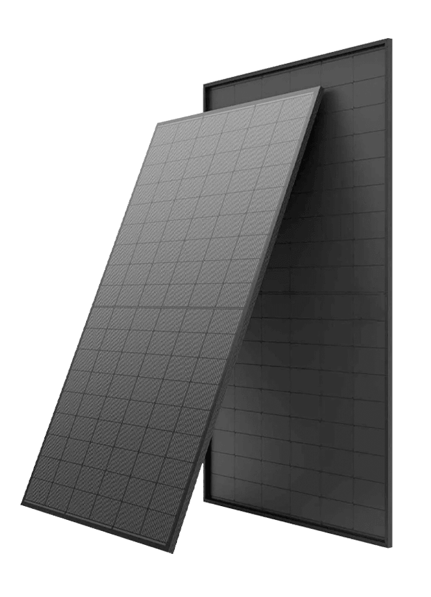 Two solar panels stacked upright adjacent to one another