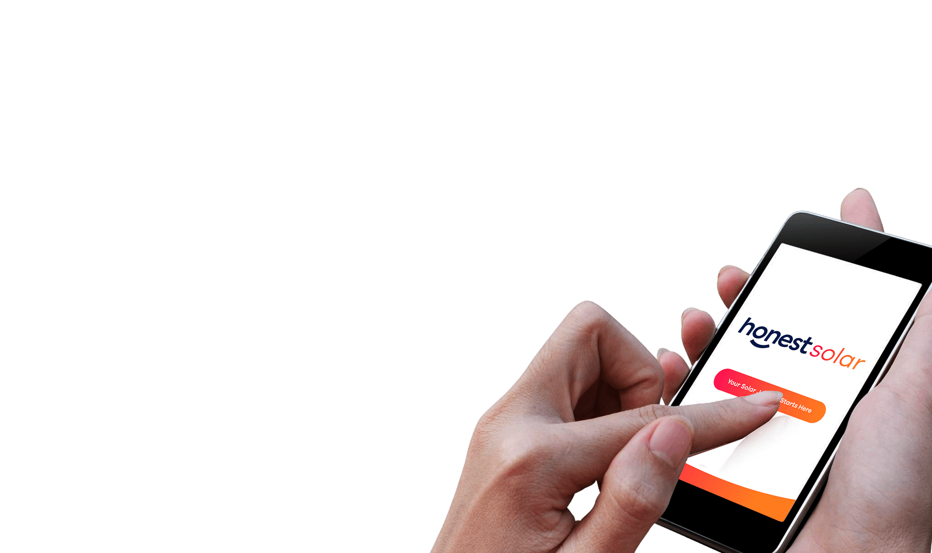 A hand holding a mobile with the finger pointing to a solar sign up button on the screen