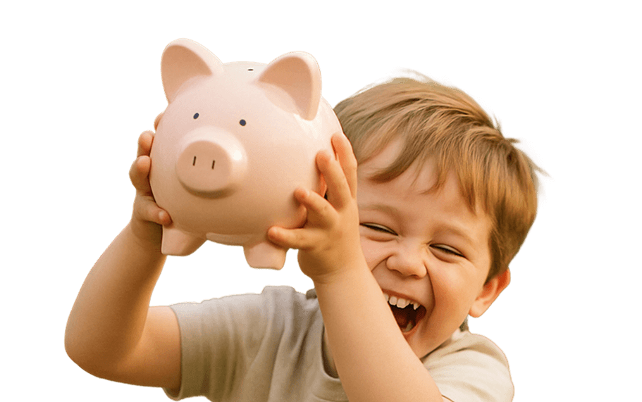 A little boy holding up a piggy bank