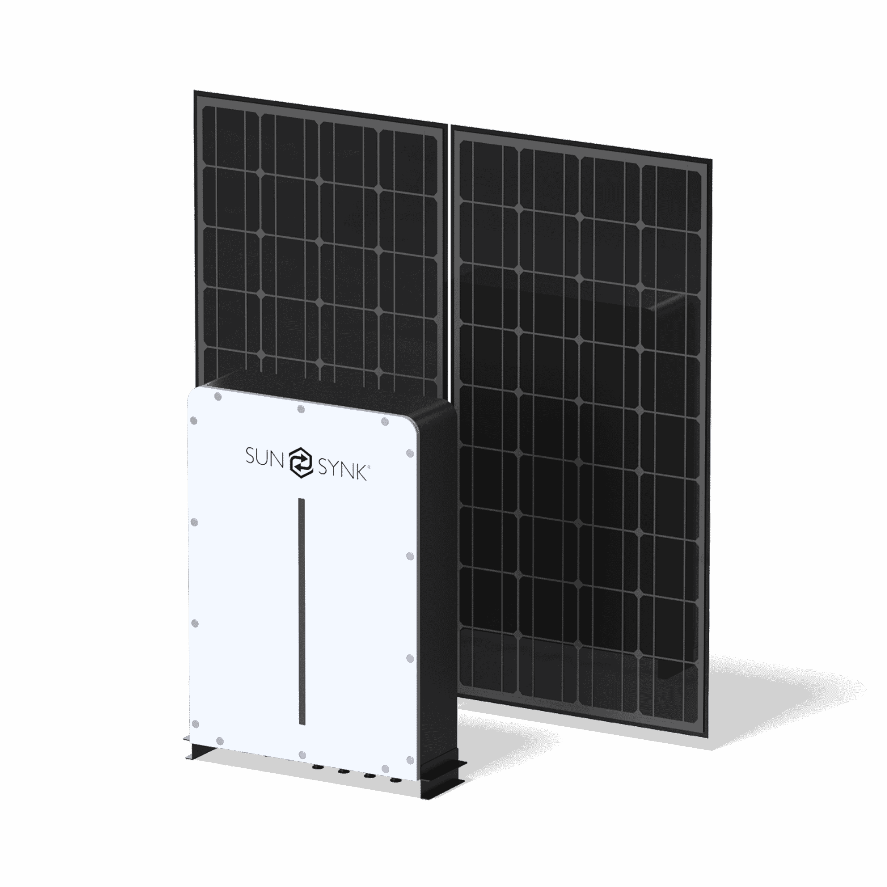 Two solar panels upright with a converter unit in front